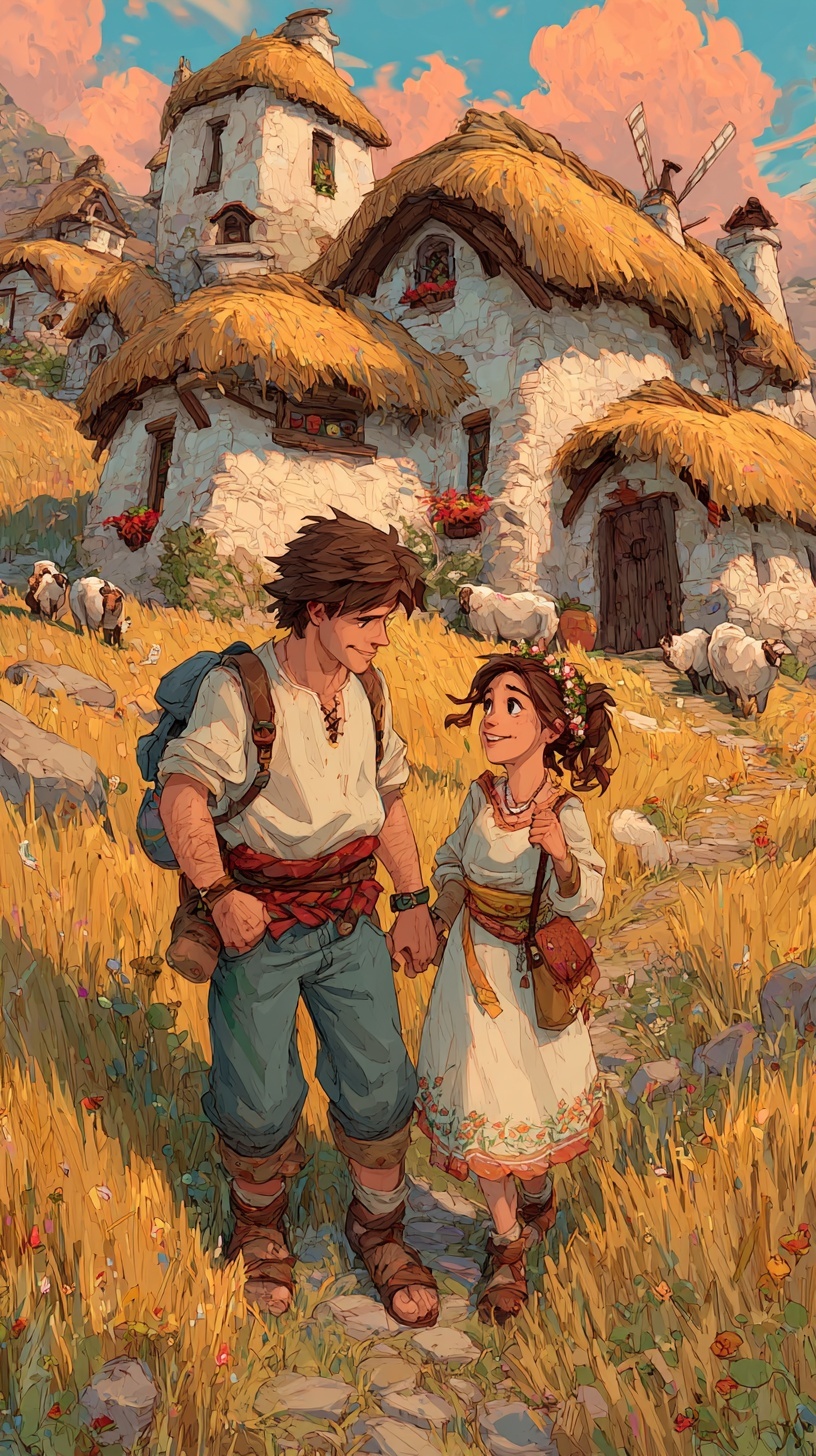 Two villagers walking hand-in-hand through a golden meadow with thatched cottages behind