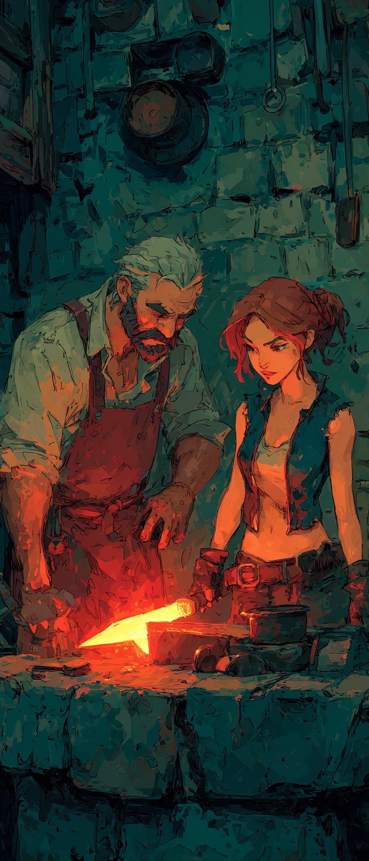 A woman forging steel at an anvil while a mentor watches