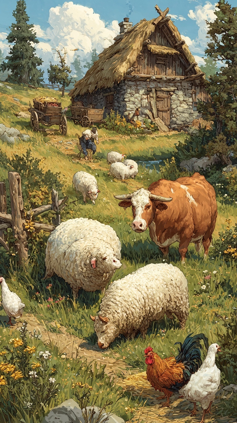 Pastoral farm with chickens, sheep, cows, pigs, and a farmer scattering feed