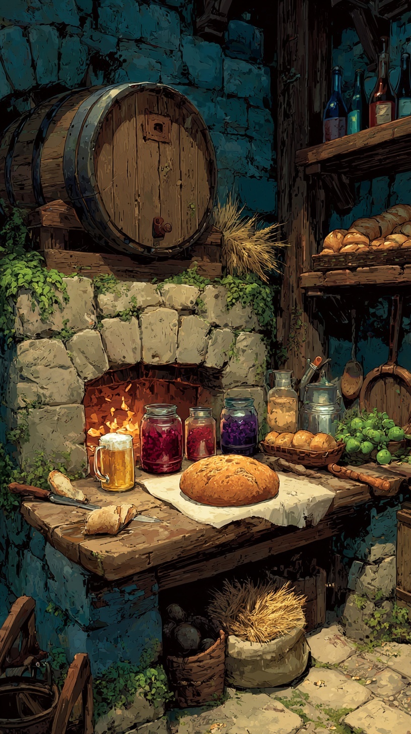 Medieval workshop with keg, preserves jar, and kitchen hearth processing farm goods