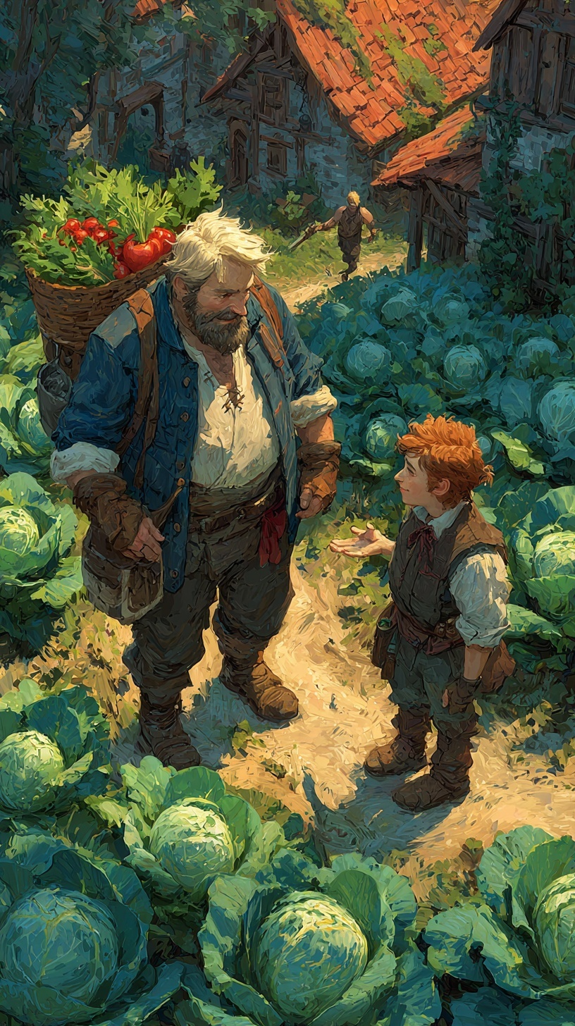 A merchant walking toward a farmer in his field with coin purse in hand