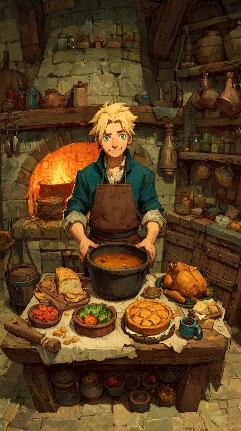 A cook at a medieval stone hearth with a spread of prepared dishes and exotic ingredients