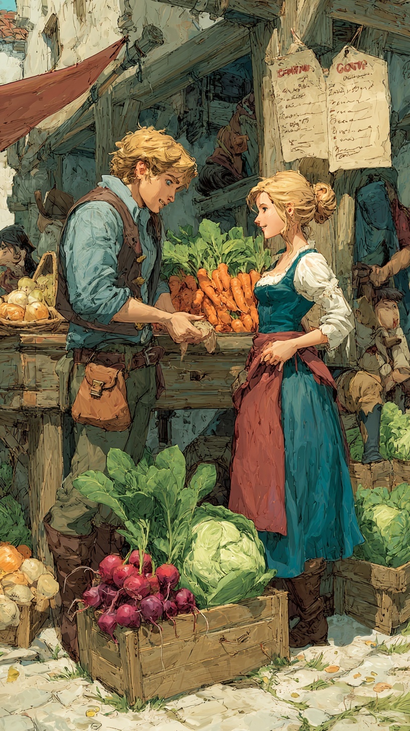 Farmer delivering a crate of crops to a shopkeeper at the village market