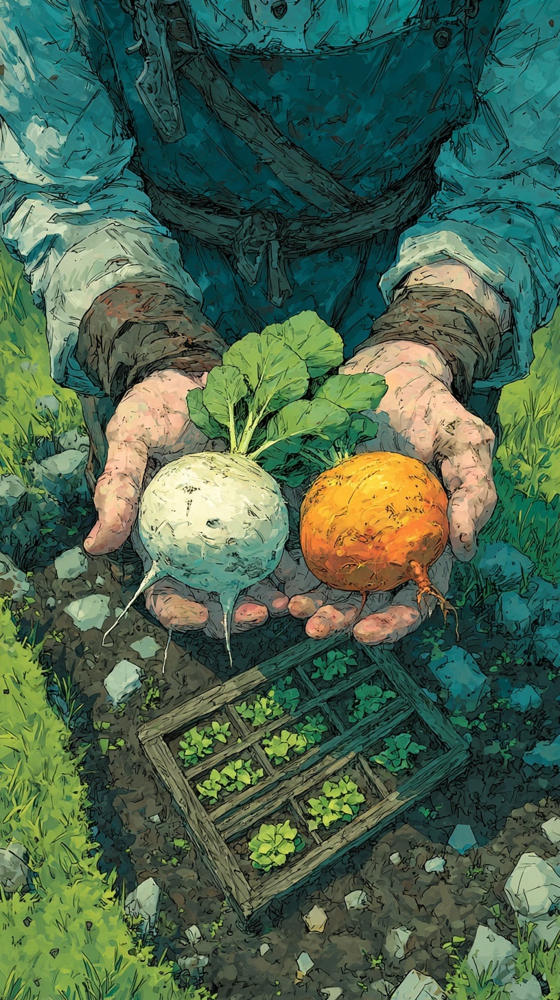 Three harvested crops compared side by side — normal, good, and excellent quality