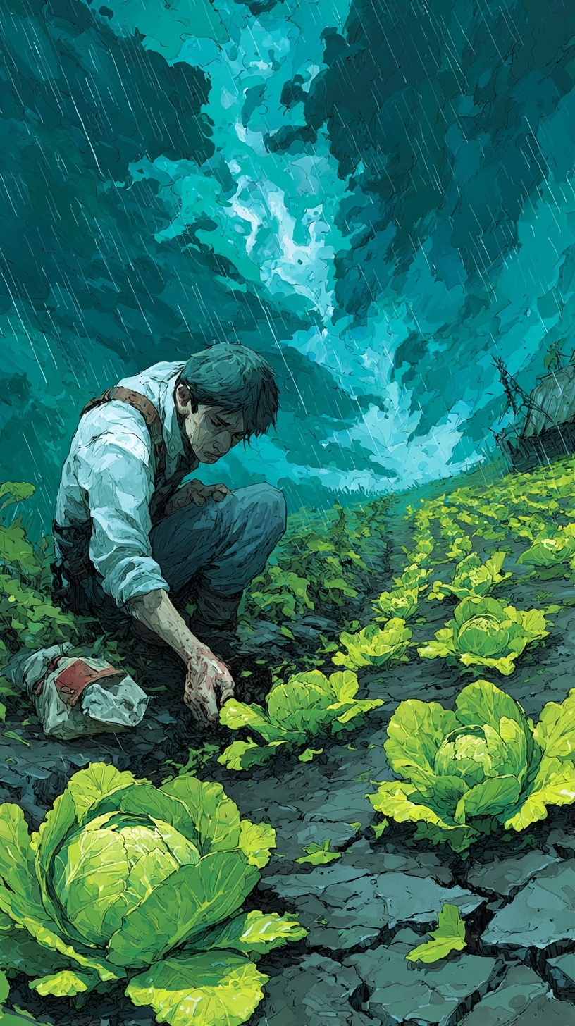 Split scene showing rain-thriving crops above and drought with farmer spreading compost below