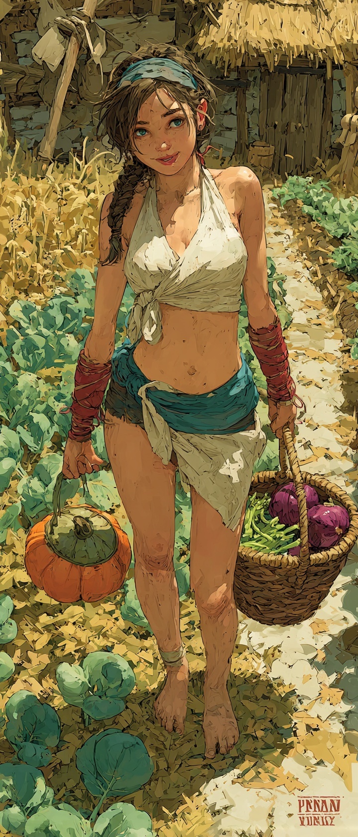 An adult woman farmer harvesting crops in a lush farm plot