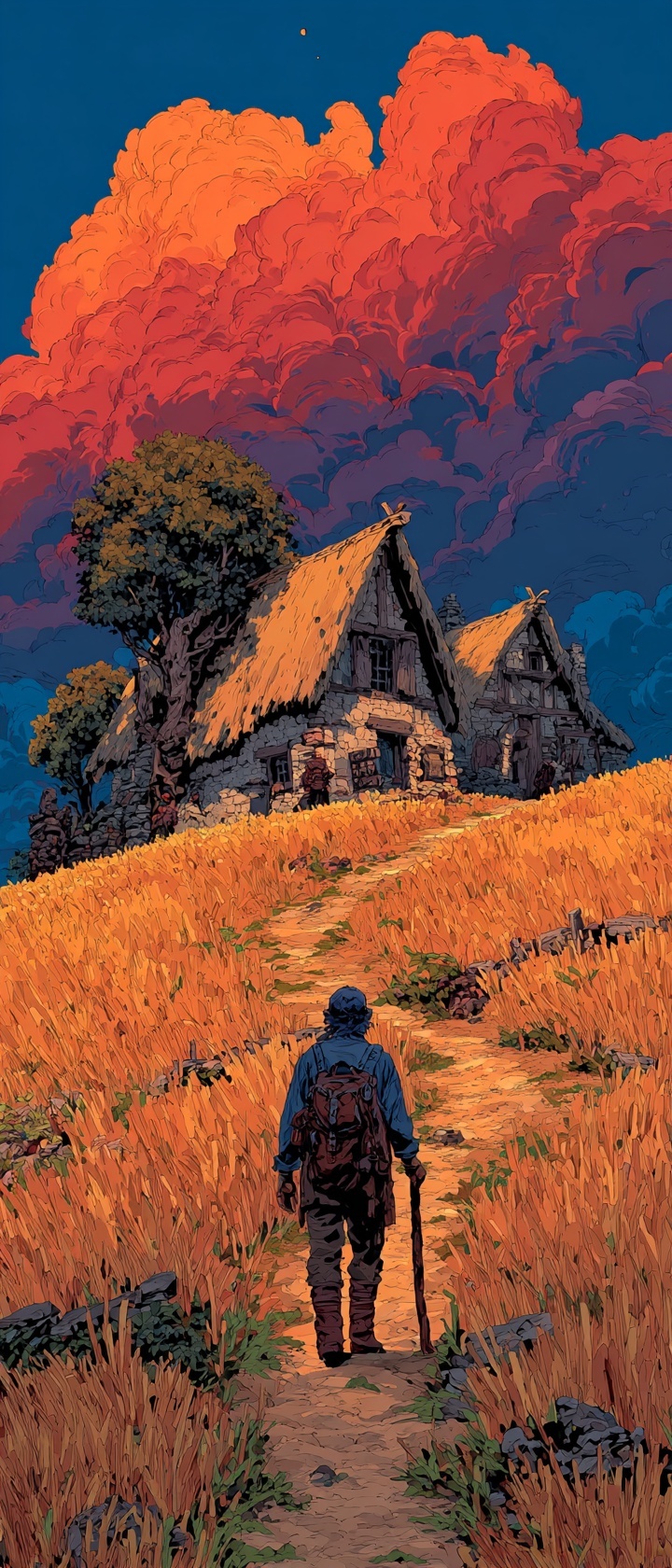 Lone traveler approaching a village at dawn