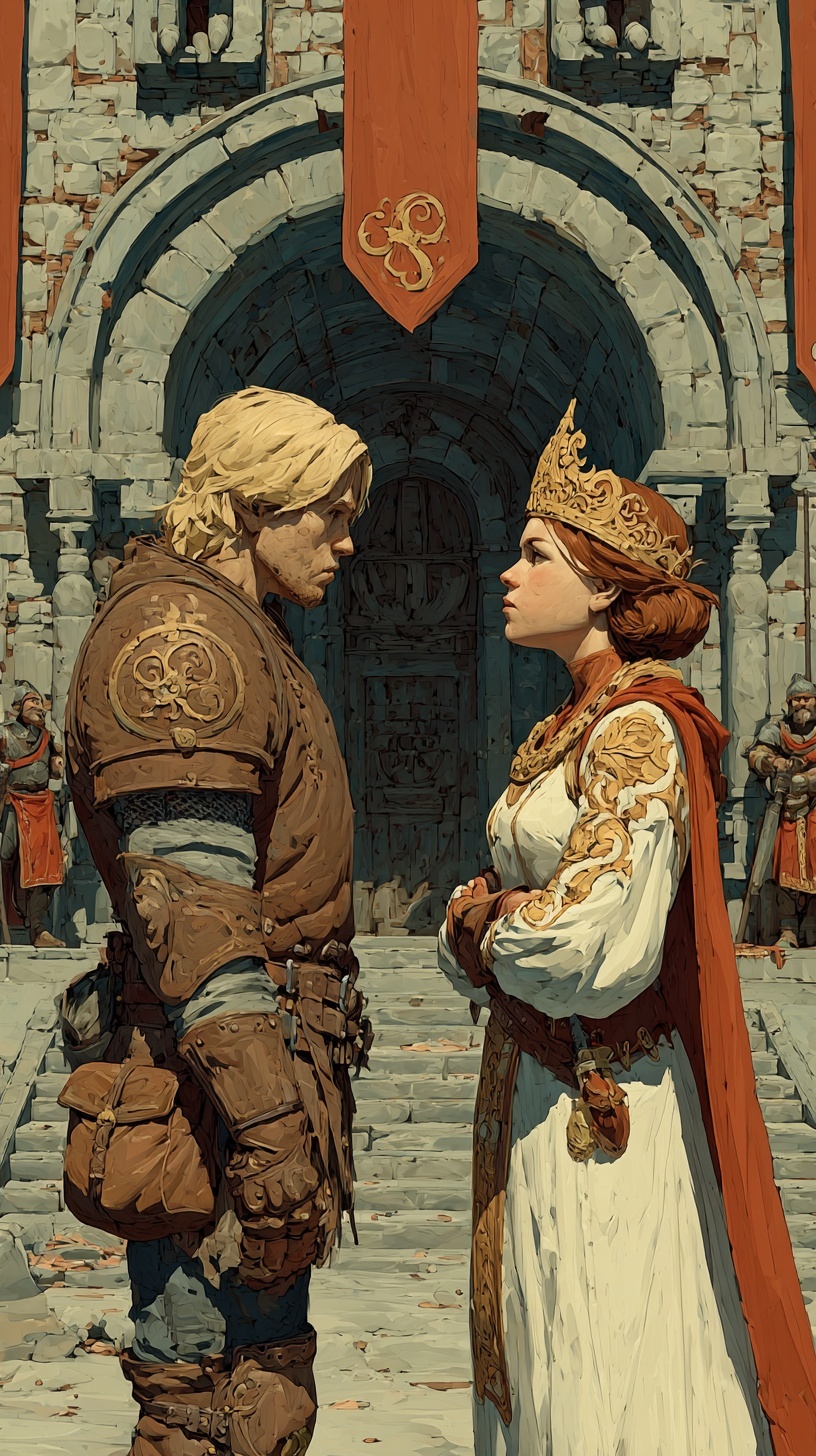 A traveler standing before an imposing village lord who appraises them coolly