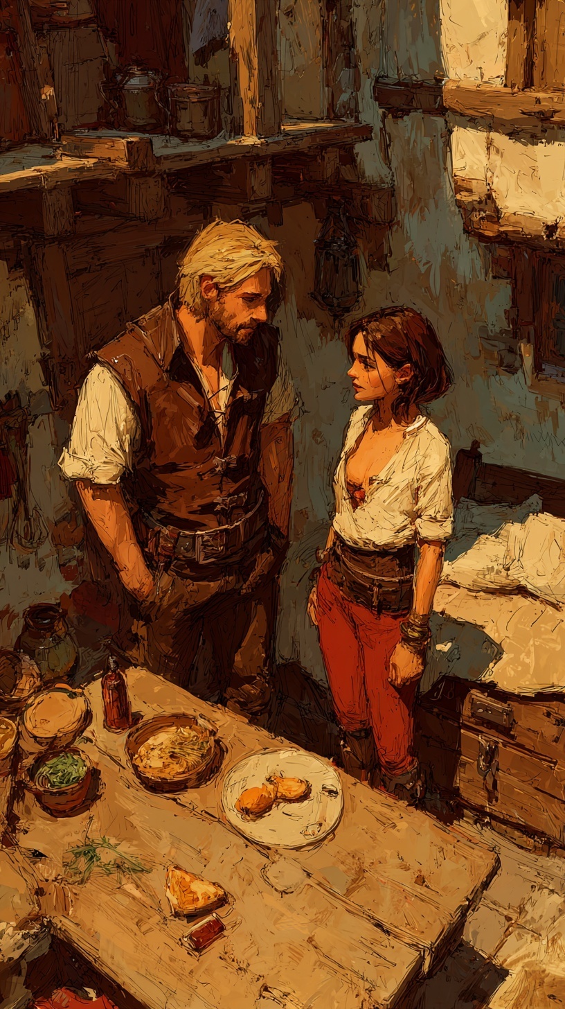 A married couple walking together through their village at sunset