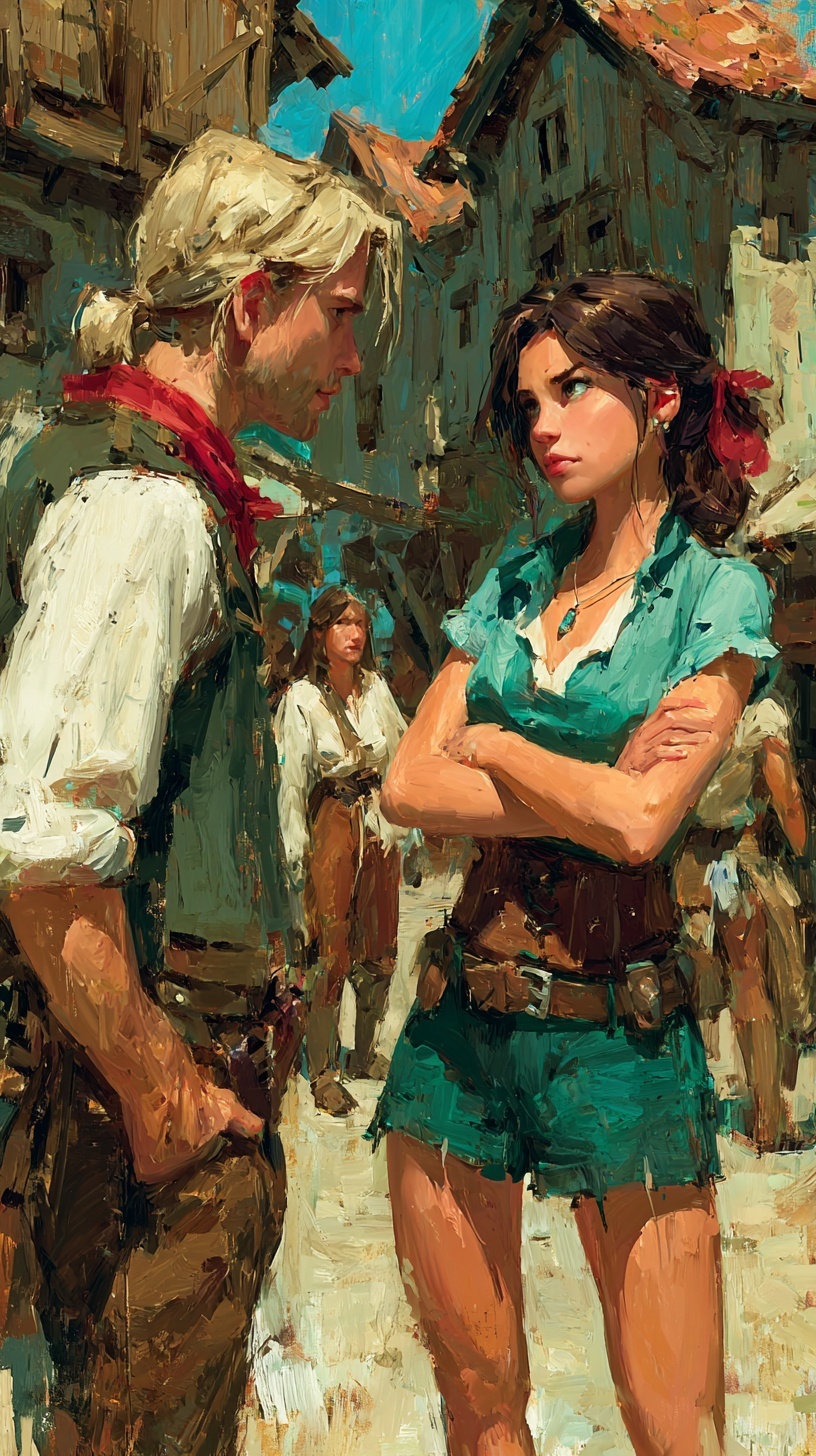 A tense confrontation in a village square — jealousy and betrayal