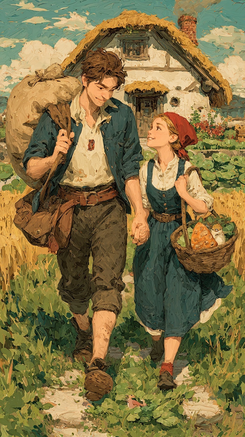 A married couple sharing a quiet morning in their medieval cottage