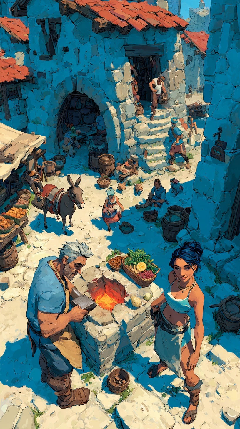 A bustling medieval village at midday with blacksmith, baker, farmer, and children going about their daily routines