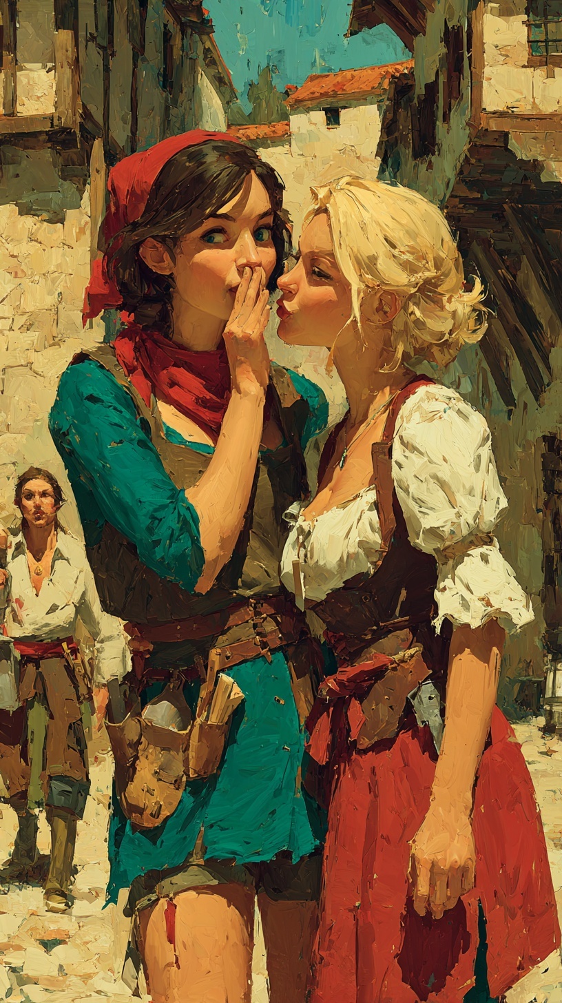 Two women whispering conspiratorially while a traveler walks away unaware