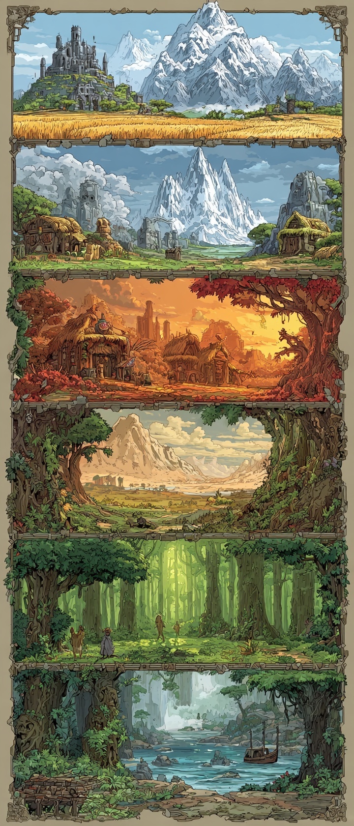 Nine fantasy cultures stacked vertically — farmland, mountains, enchanted grove, desert, coast, river delta, meadow, ancient ruins, dense forest