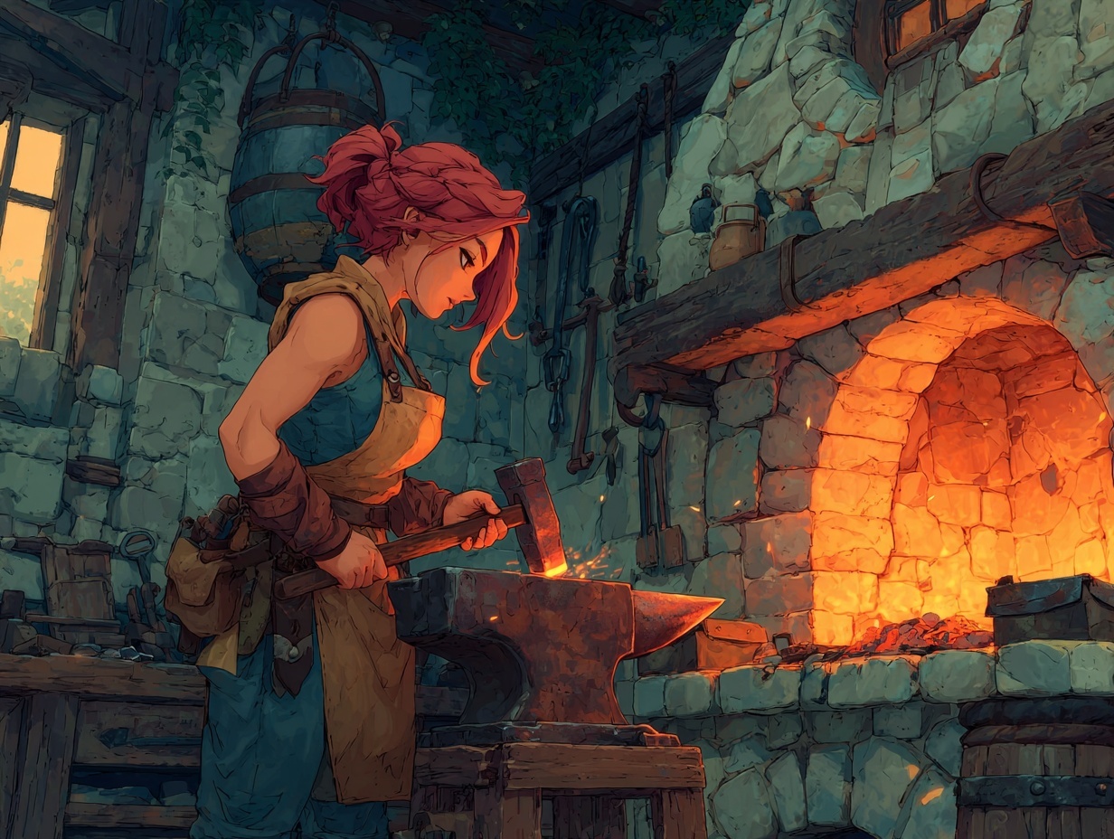 Woman forging a sword at a workshop