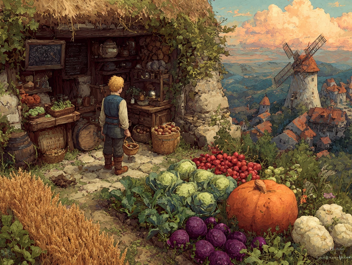 Thriving farm with crops and artisan stations