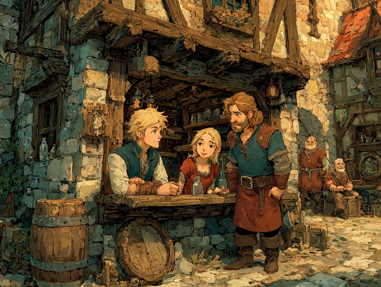 Villagers socializing in a village square