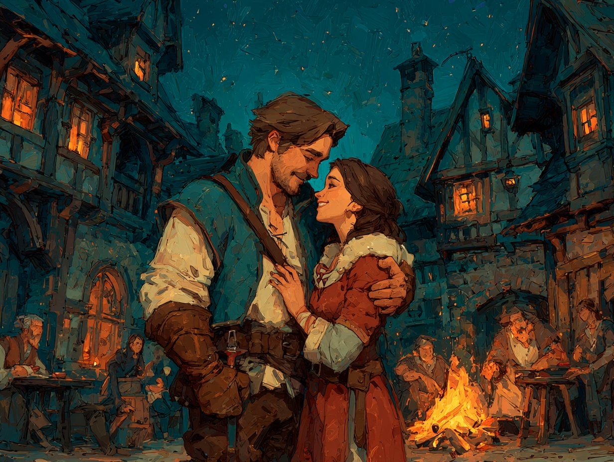 Couple sharing a tender moment by bonfire